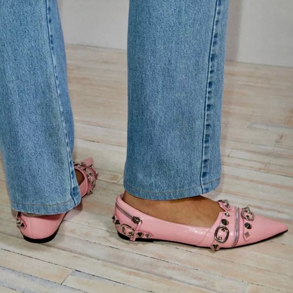 Free People Jeffrey Campbell Roxine Studded Flats Pink Leather Point Toe - Picture 7 of 7